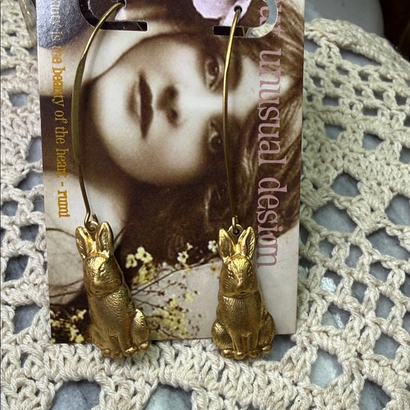 brass Rabbit Dangle Earrings - Picture 3 of 4